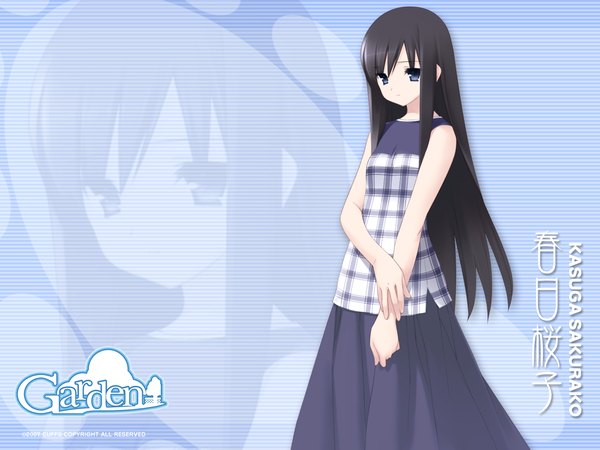 Anime picture 1280x960 with garden (galge) cuffs (studio) kasuga sakurako gayarou single long hair looking at viewer blue eyes black hair copyright name character names zoom layer girl