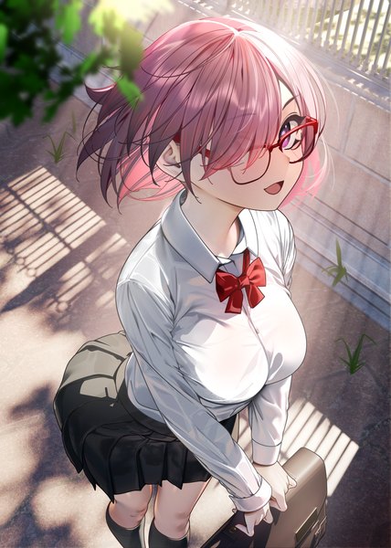 Anime-Bild 1275x1789 mit fate (series) fate/grand order mash kyrielight nanaken nana single tall image looking at viewer fringe short hair breasts open mouth large breasts standing purple eyes holding pink hair outdoors long sleeves :d pleated skirt