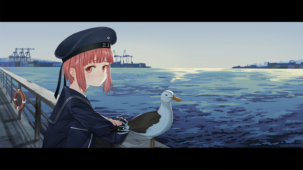 Anime picture 1500x844 with kantai collection z3 destroyer (max schultz) luicent single looking at viewer fringe short hair red eyes wide image sky upper body outdoors red hair blunt bangs shadow letterboxed horizon girl sea beret