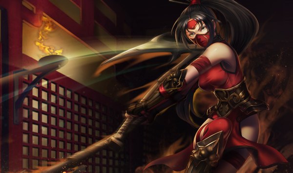 Anime picture 1215x717 with league of legends akali (league of legends) single breasts black hair wide image large breasts bare shoulders ponytail very long hair traditional clothes girl weapon armor mask