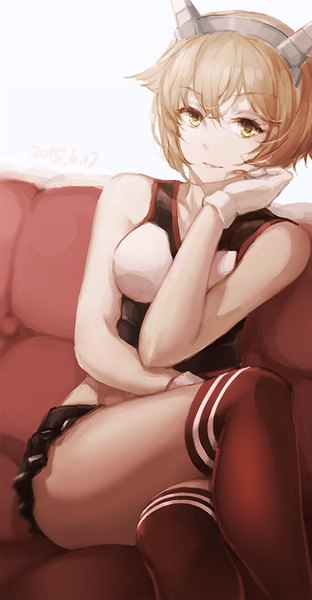 Anime picture 521x1000 with kantai collection mutsu battleship labombardier! single tall image looking at viewer fringe short hair light erotic smile brown hair sitting bare shoulders green eyes crossed legs girl thighhighs gloves hair ornament white gloves