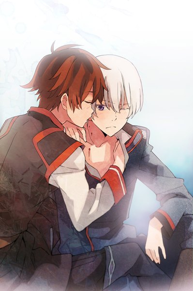 Anime picture 533x800 with kakumeiki valvrave sunrise (studio) l-elf karlstein tokishima haruto takerusilt tall image blush fringe short hair simple background hair between eyes brown hair sitting purple eyes looking away white hair eyes closed profile one eye closed multiple boys