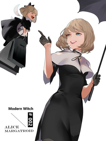 Anime picture 1350x1800 with touhou alice margatroid shanghai hillly (maiwetea) tall image short hair open mouth blonde hair simple background smile standing white background multiple girls holding looking away eyes closed :d arm up aqua eyes lips