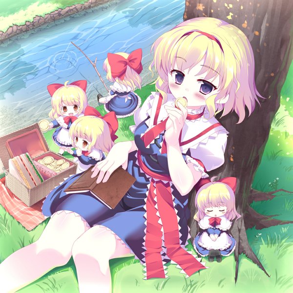 Anime picture 1000x1000 with touhou alice margatroid pikazo (artist) single looking at viewer blush short hair open mouth blonde hair purple eyes brown eyes eyes closed sleeping knees touching fishing girl dress bow ribbon (ribbons) plant (plants)