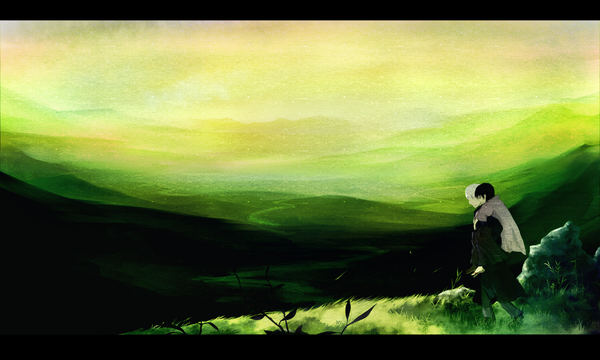 Anime picture 2000x1200 with mushishi ginko karibusa tanyuu yatsude highres black hair wide image white hair letterboxed landscape scenic girl boy plant (plants)