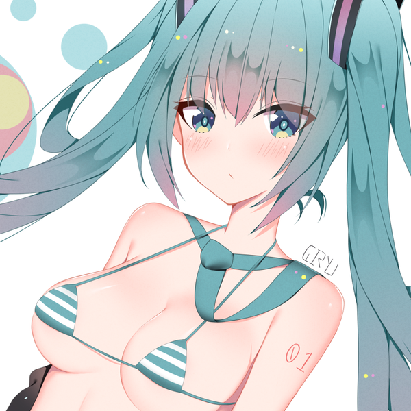 Anime picture 864x864 with vocaloid hatsune miku giryu single long hair looking at viewer blush fringe breasts light erotic simple background hair between eyes white background bare shoulders signed payot upper body head tilt aqua eyes aqua hair