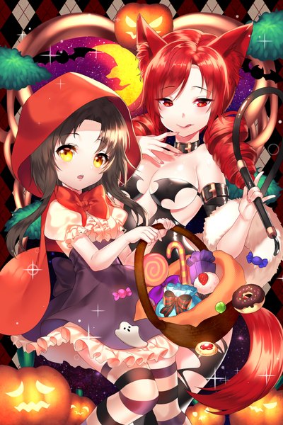 Anime picture 1500x2250 with sword girls black joa long hair tall image looking at viewer blush breasts open mouth light erotic black hair red eyes multiple girls animal ears yellow eyes red hair drill hair halloween girl thighhighs dress