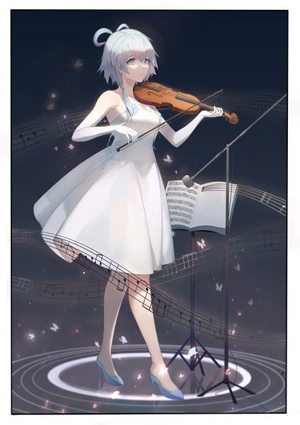 Anime picture 4961x7016 with vocaloid vocaloid china luo tianyi broken (7589468) single long hair tall image fringe highres blue eyes hair between eyes standing absurdres silver hair full body high heels border playing instrument girl dress