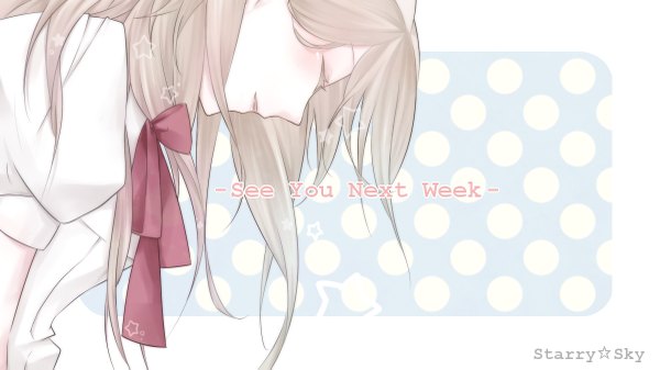 Anime picture 1200x675 with starry sky tsukiko yahisa sekiyu long hair blonde hair wide image eyes closed profile wallpaper border polka dot outside border girl uniform school uniform