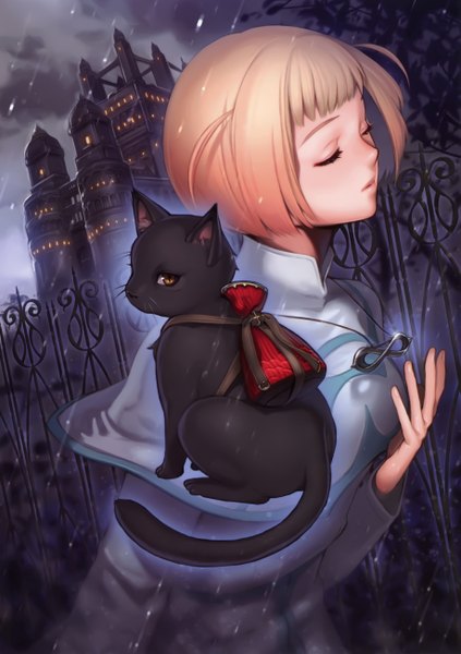 Anime picture 3667x5200 with midori foo single tall image looking at viewer highres short hair open mouth blonde hair brown eyes absurdres eyes closed rain girl dress animal choker pendant building (buildings) cat fence