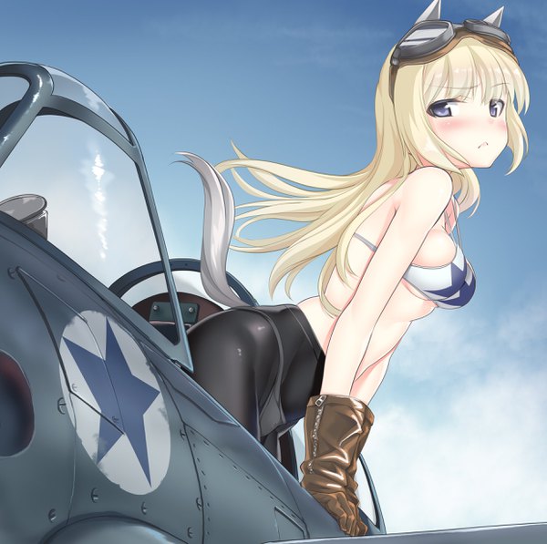 Anime picture 2480x2468 with strike witches marian e carl a9b (louis814) single long hair looking at viewer blush fringe highres light erotic blonde hair animal ears sky tail animal tail wind arm support underboob goggles on head frown