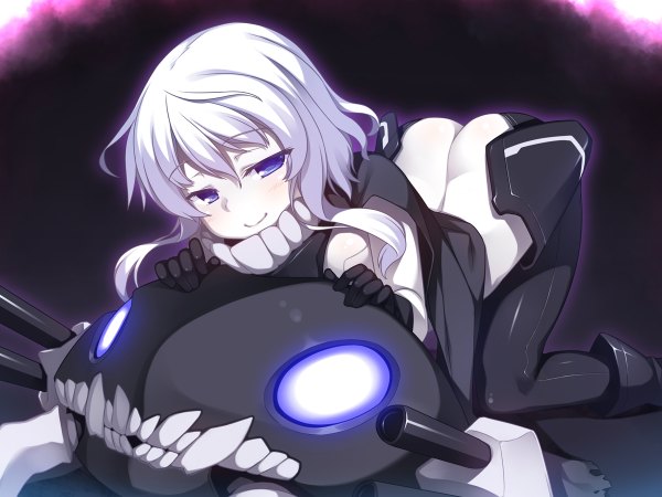 Anime picture 1200x900 with kantai collection wo-class aircraft carrier racer (magnet) single long hair looking at viewer blush light erotic smile purple eyes white hair teeth kneeling light pale skin butt crack shinkaisei-kan girl gloves weapon