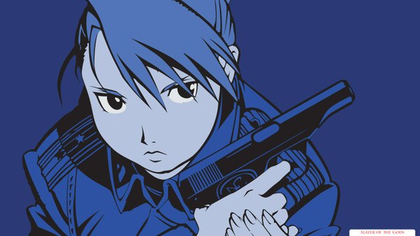 Anime picture 1600x900 with fullmetal alchemist studio bones riza hawkeye short hair wide image black eyes blue background girl uniform weapon gun military uniform pistol