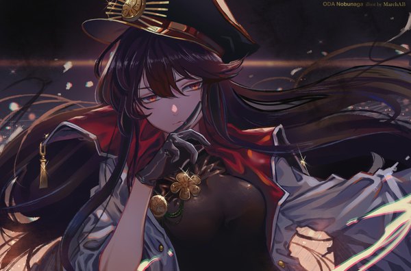 Anime picture 957x633 with fate (series) fate/grand order koha-ace oda nobunaga (fate) (all) oda nobunaga (fate) marchab 66 single long hair fringe black hair hair between eyes red eyes signed upper body wind sparkle character names girl gloves black gloves