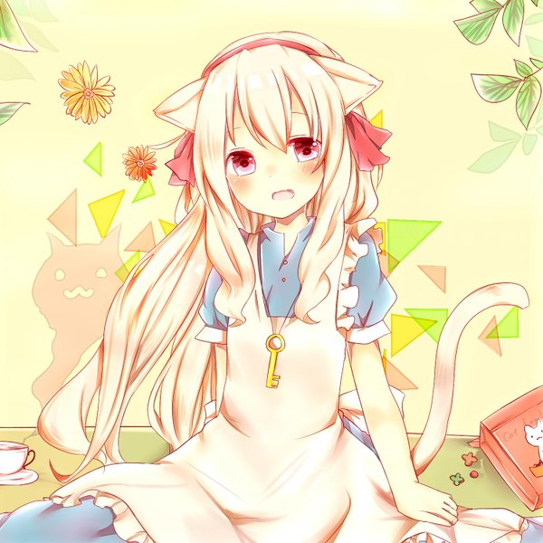 Anime picture 1500x1500 with kagerou project shaft (studio) mary (kagerou project) misa (kaeruhitode) single long hair looking at viewer open mouth blonde hair smile red eyes sitting animal ears animal tail cat ears cat girl cat tail girl dress flower (flowers)