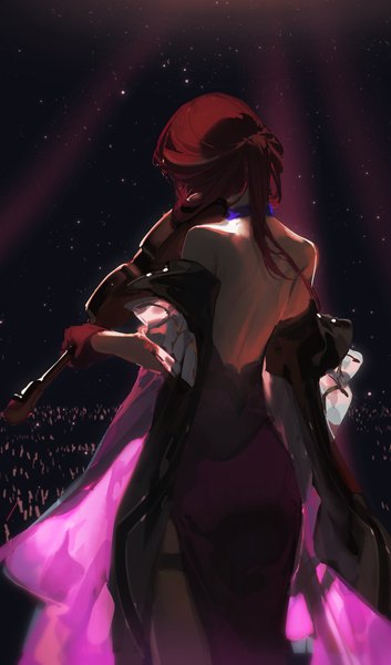Anime picture 3161x5378 with honkai: star rail honkai (series) kafka (honkai: star rail) rafaelaaa single long hair tall image highres standing absurdres red hair from behind back official alternate costume bare back concert girl dress musical instrument violin