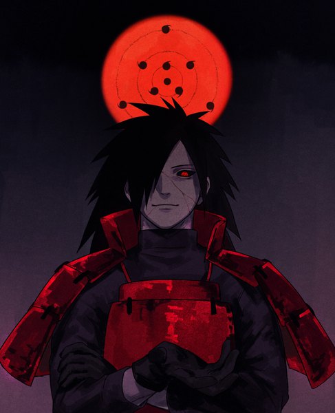 Anime picture 1136x1400 with naruto studio pierrot naruto (series) uchiha madara tagme (artist) single long hair tall image looking at viewer fringe smile red eyes upper body long sleeves light smile hair over one eye glowing dark background crossed arms glowing eye (eyes)