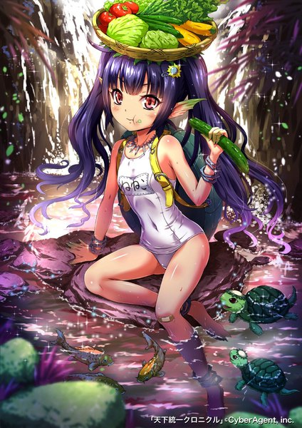 Anime picture 800x1131 with tenkuu no crystalia sakiyamama single long hair tall image looking at viewer blush fringe light erotic red eyes sitting twintails bare shoulders holding payot blue hair full body outdoors blunt bangs multicolored hair