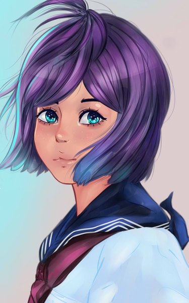 Anime picture 1240x1980 with original incarnatechaos13 single tall image looking at viewer fringe short hair purple hair aqua eyes realistic gradient background floating hair portrait girl uniform serafuku neckerchief