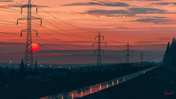 Anime picture 1920x1080 with original aenami highres wide image signed sky cloud (clouds) outdoors wallpaper evening sunset no people scenic red sky power lines lamppost
