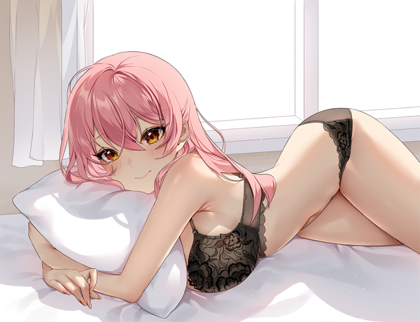 Anime picture 1500x1147 with original tacco (tikeworld) single long hair looking at viewer blush fringe breasts light erotic hair between eyes large breasts brown eyes pink hair lying fingernails underwear only on side lace-trimmed bra pillow hug girl