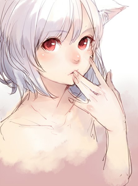 Anime picture 593x800 with touhou inubashiri momiji junwool single tall image looking at viewer blush fringe short hair light erotic simple background red eyes white background animal ears silver hair no bra finger to mouth wolf ears wolf girl girl