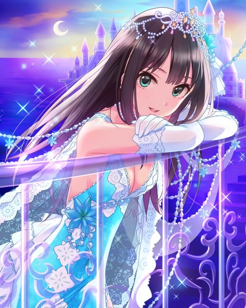 Anime picture 1280x1600 with idolmaster idolmaster cinderella girls shibuya rin annindoufu (oicon) single long hair tall image looking at viewer fringe breasts open mouth blue eyes smile brown hair cleavage cloud (clouds) upper body night night sky sleeveless