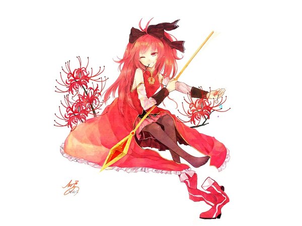 Anime picture 1460x1095 with mahou shoujo madoka magica shaft (studio) sakura kyouko juexing (moemoe3345) long hair simple background red eyes white background red hair girl flower (flowers) bow weapon hair bow sweets wrist cuffs pocky higanbana