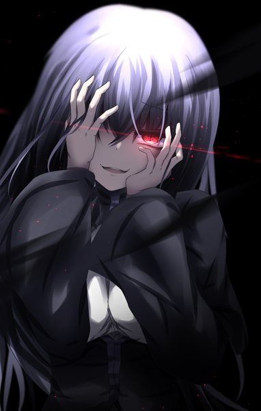 Anime picture 1400x2200 with original kisuzu 14 single long hair tall image looking at viewer fringe open mouth simple background smile hair between eyes red eyes silver hair head tilt wide sleeves glowing black background symbol-shaped pupils glowing eye (eyes) + +