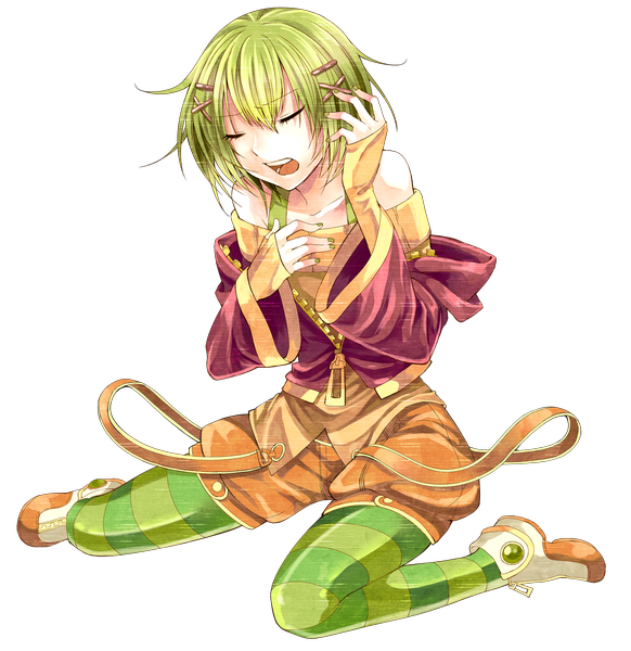 Anime picture 2808x2893 with utau toudou charo single tall image highres short hair open mouth bare shoulders eyes closed green hair transparent background girl thighhighs detached sleeves shorts striped thighhighs