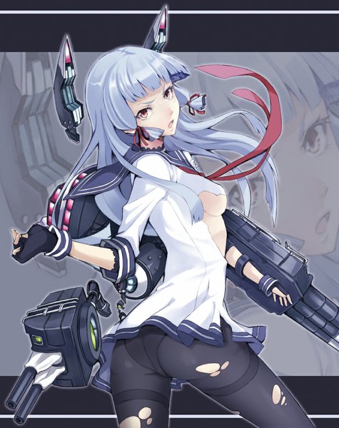 Anime picture 900x1136 with kantai collection murakumo destroyer pokimari single long hair tall image looking at viewer open mouth light erotic brown eyes blue hair torn clothes tress ribbon torn pantyhose girl gloves ribbon (ribbons) weapon hair ribbon pantyhose