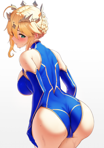 Anime picture 2150x3035 with fate (series) fate/grand order artoria pendragon (all) artoria pendragon (lancer) solar (happymonk) single tall image looking at viewer blush fringe highres short hair breasts light erotic simple background blonde hair hair between eyes large breasts standing bare shoulders