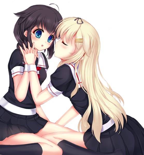 Anime picture 1324x1428 with kantai collection shigure destroyer yuudachi destroyer vivian (lancerhd) long hair tall image blush breasts open mouth blue eyes black hair blonde hair simple background white background sitting multiple girls ahoge eyes closed profile holding hands