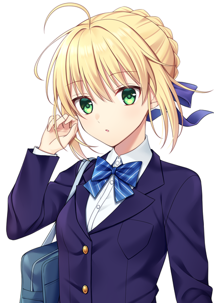 Anime picture 1254x1770 with fate (series) fate/stay night artoria pendragon (all) saber shino skk single tall image looking at viewer blush fringe short hair open mouth simple background blonde hair standing white background green eyes payot upper body ahoge