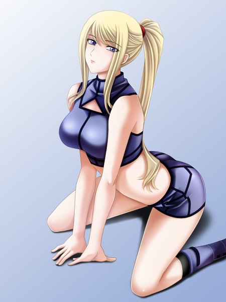 Anime picture 1200x1600 with metroid samus aran tamamon single long hair tall image looking at viewer blue eyes blonde hair bare shoulders ponytail midriff girl shorts