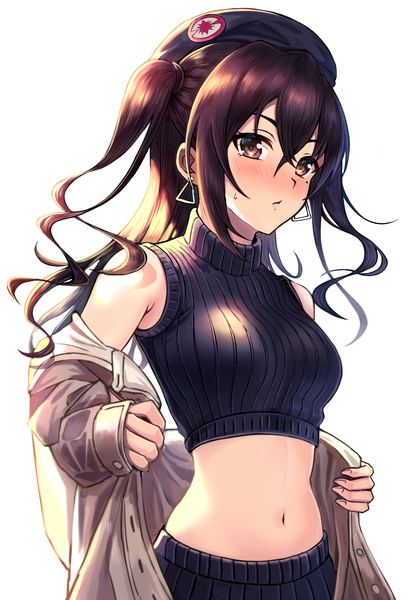 Anime picture 1385x2015 with idolmaster idolmaster cinderella girls idolmaster cinderella girls starlight stage sunazuka akira shsh33 single long hair tall image looking at viewer blush fringe breasts simple background hair between eyes brown hair standing white background bare shoulders brown eyes payot