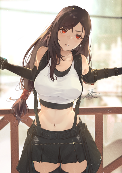 Anime picture 1061x1500 with final fantasy final fantasy vii square enix tifa lockhart fadingz single long hair tall image fringe breasts smile red eyes brown hair large breasts standing signed looking away outdoors parted lips sparkle