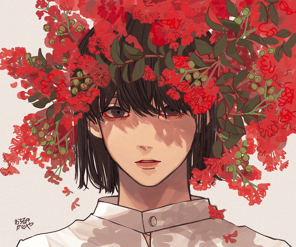 Anime picture 1200x1000 with original osaru no kagoya single looking at viewer short hair black hair signed black eyes portrait shaded face expressionless boy flower (flowers)