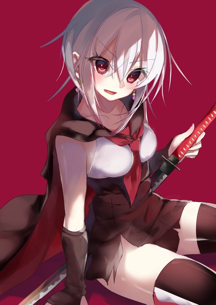 Anime picture 2508x3541 with tenka hyakken nekoboshi sakko single tall image looking at viewer blush fringe highres short hair open mouth light erotic simple background hair between eyes red eyes sitting white hair head tilt :d light smile arm support