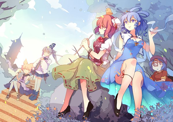 Anime picture 1000x707 with touhou toyosatomimi no miko kaku seiga ibaraki kasen mononobe no futo miyako yoshika yetworldview kaze long hair short hair blonde hair smile sitting purple eyes multiple girls blue hair looking away sky cloud (clouds) ponytail red hair