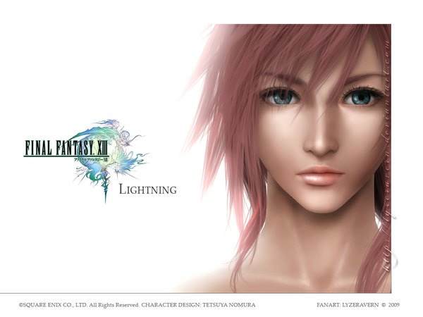 Anime picture 1024x768 with final fantasy final fantasy xiii square enix lightning farron lyzeravern single long hair blue eyes white background pink hair lips realistic inscription portrait face girl
