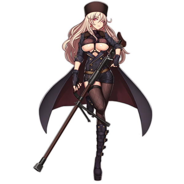 Anime picture 1024x1024 with girls frontline ptrd-41 (girls frontline) rewolf (artist) single long hair looking at viewer fringe breasts light erotic hair between eyes red eyes large breasts standing holding payot full body white hair underboob standing on one leg transparent background