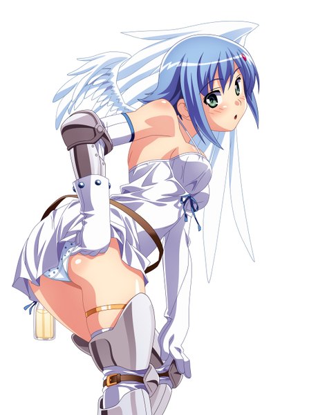 Anime picture 2300x3000 with queen's blade nanael akiranyo single tall image blush highres short hair open mouth light erotic simple background white background bare shoulders green eyes blue hair looking back angel wings girl dress gloves