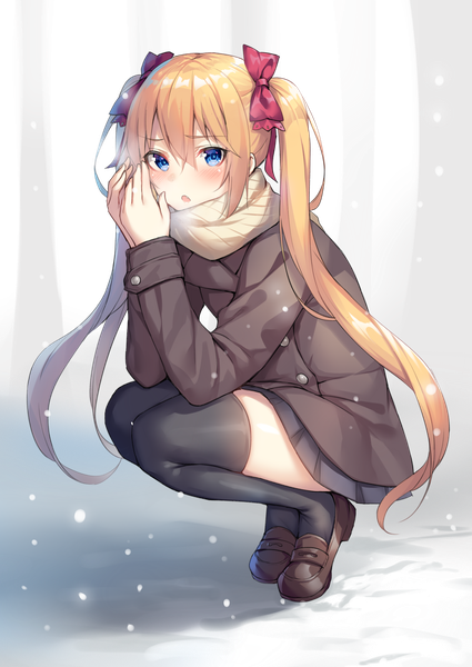 Anime picture 2149x3035 with original alexmaster single long hair tall image looking at viewer blush fringe highres open mouth blue eyes blonde hair hair between eyes twintails payot full body long sleeves :o zettai ryouiki snowing