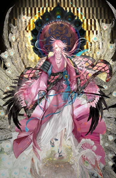 Anime picture 1459x2240 with touken ranbu nitroplus souza samonji sunshine kamura single long hair tall image looking at viewer pink hair full body traditional clothes japanese clothes from above wind heterochromia boy weapon animal sword bird (birds)