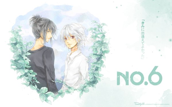 Anime picture 1440x900 with no.6 studio bones nezumi (no.6) shion (no.6) tengin short hair blue eyes black hair wide image white background white hair pink eyes looking back inscription boy plant (plants) shirt