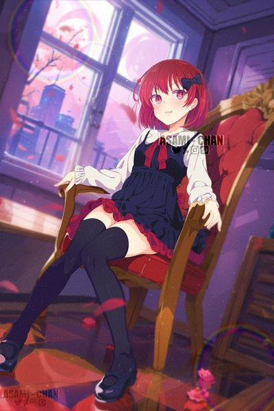 Anime picture 1850x2775 with oshi no ko arima kana asami-chan single tall image looking at viewer highres short hair red eyes sitting signed full body red hair indoors from below watermark checkered floor floor girl thighhighs