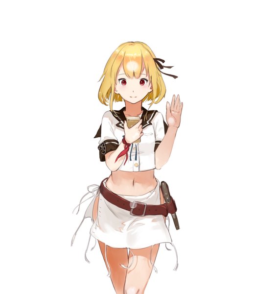 Anime picture 1774x2051 with kantai collection original november (jeanex) single tall image fringe highres short hair simple background blonde hair red eyes standing white background bare belly girl skirt navel weapon mobile phone