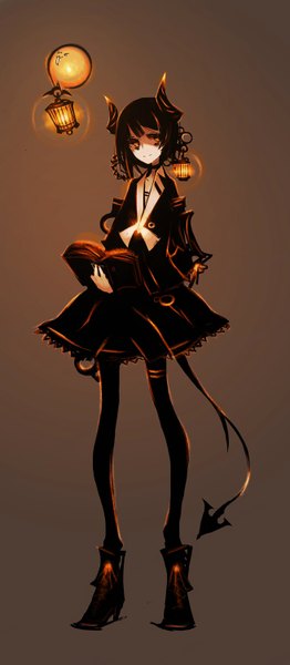 Anime picture 656x1500 with original kiku (kicdoc) single tall image looking at viewer short hair black hair simple background tail horn (horns) light smile orange eyes demon girl demon tail ghost girl dress hair ornament pantyhose boots