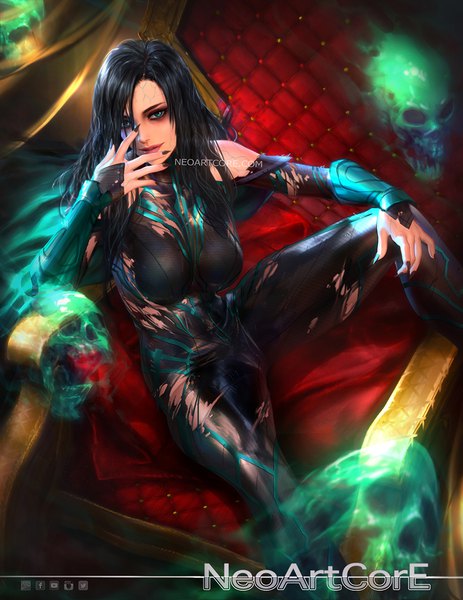 Anime picture 900x1165 with thor marvel comics hela (marvel) nudtawut thongmai single long hair tall image looking at viewer breasts black hair sitting green eyes fingernails realistic torn clothes watermark long fingernails eyeshadow hand to mouth hand on knee